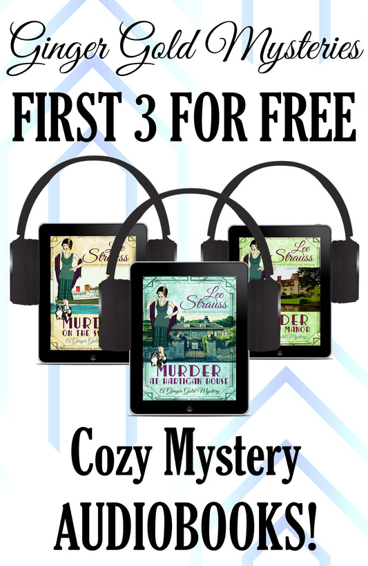 Promotional graphic for Ginger Gold Mysteries cozy mystery audiobooks with headphones and book covers.